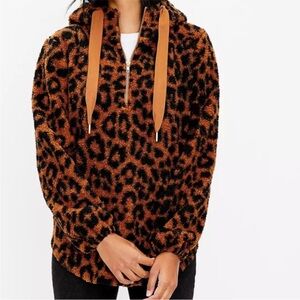 LOFT Leopard-Print Sherpa Half-Zip Hoodie in Brown and Black